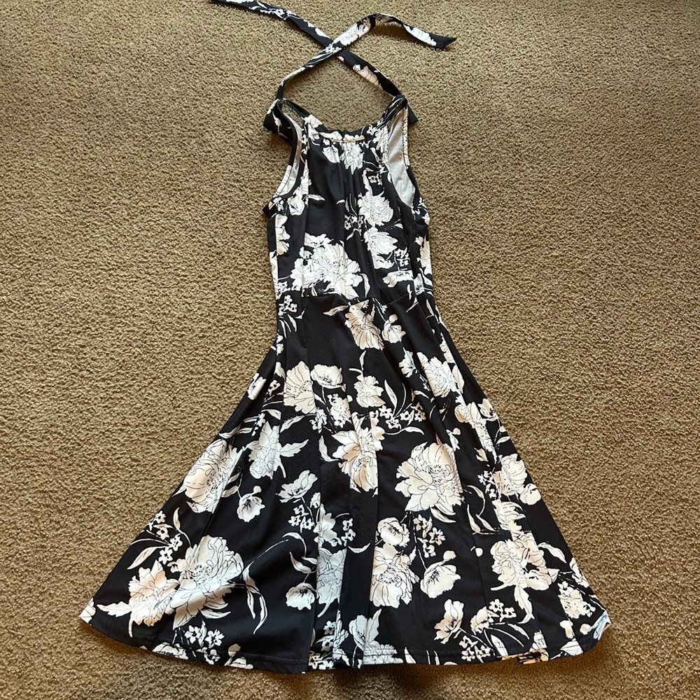 Floral Black and White Halter Dress